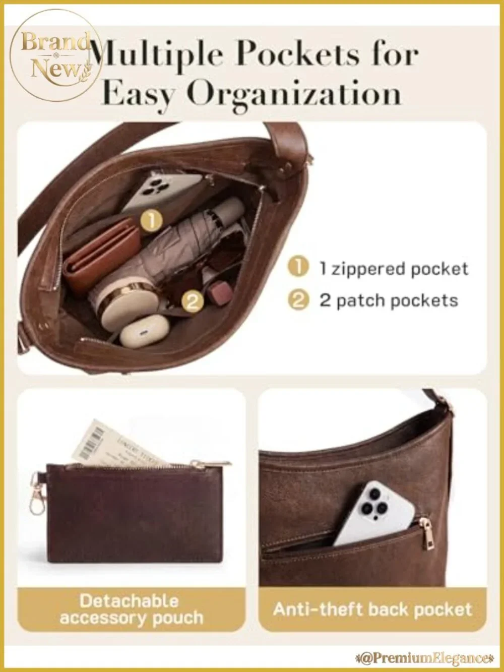 Vegan Leather Hobo Bag with Multi-Pockets, Crossbody Shoulder Tote Purse